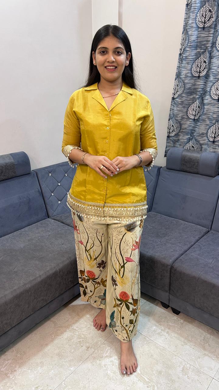 Mustard Silk &amp; Floral Printed Wide-Leg Co-Ord Set