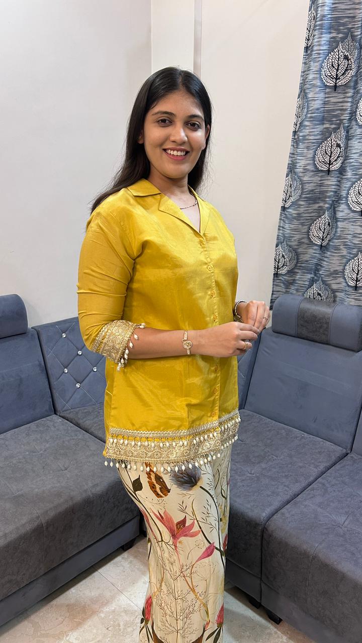 Mustard Silk &amp; Floral Printed Wide-Leg Co-Ord Set