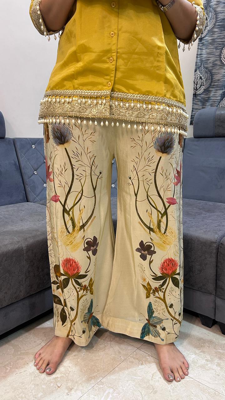 Mustard Silk &amp; Floral Printed Wide-Leg Co-Ord Set