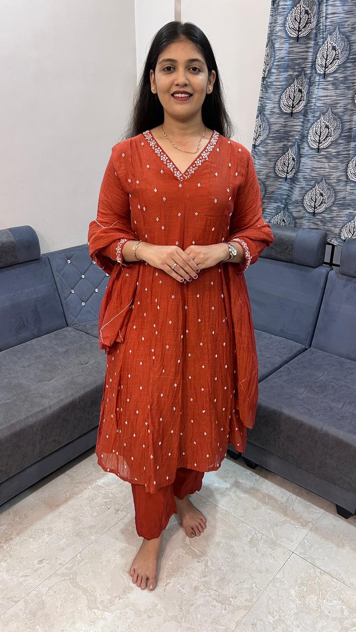 Product Name: Terracotta Rust Cotton-Silk Anarkali Set with Delicate Booti Embroidery