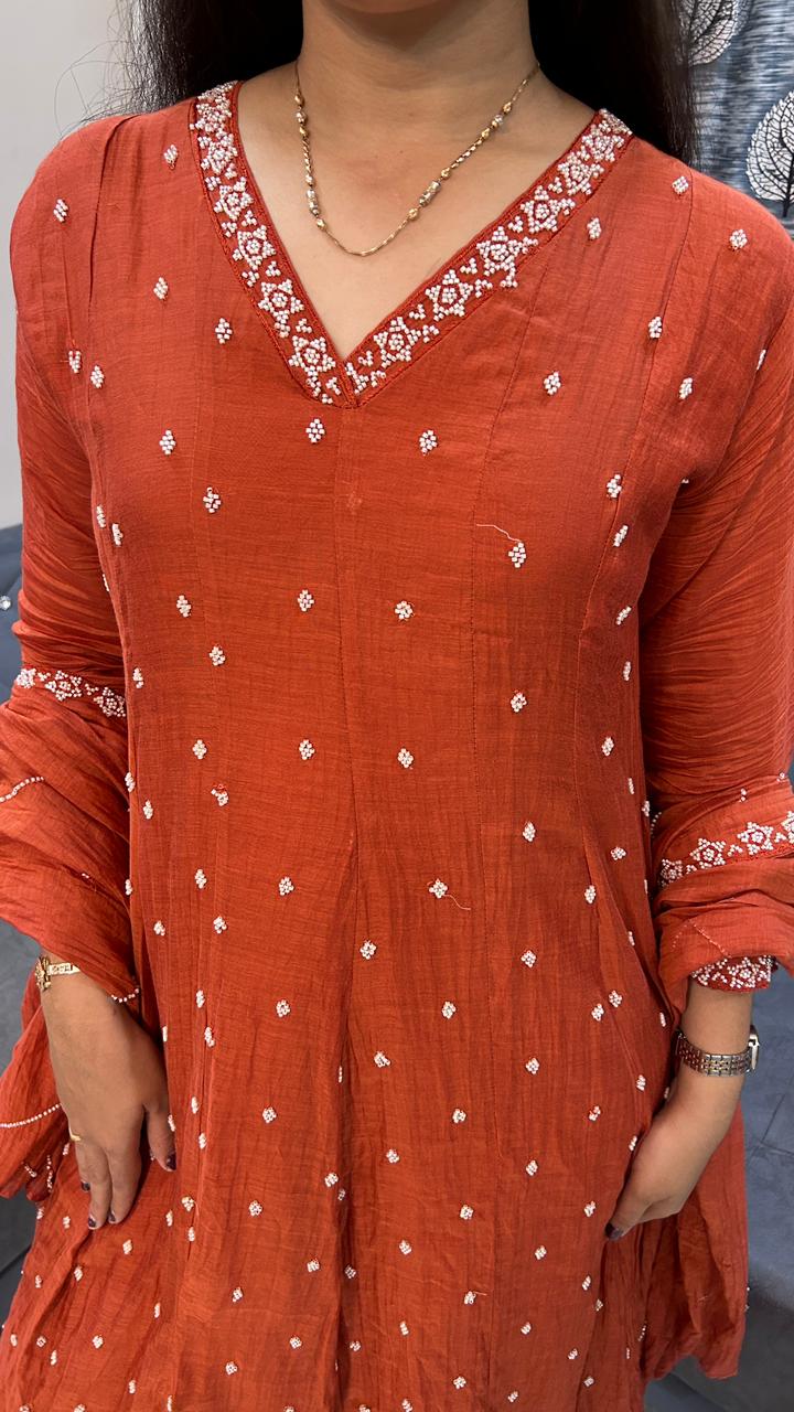 Product Name: Terracotta Rust Cotton-Silk Anarkali Set with Delicate Booti Embroidery