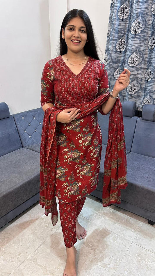 Crimson Bloom Floral Kurta Set