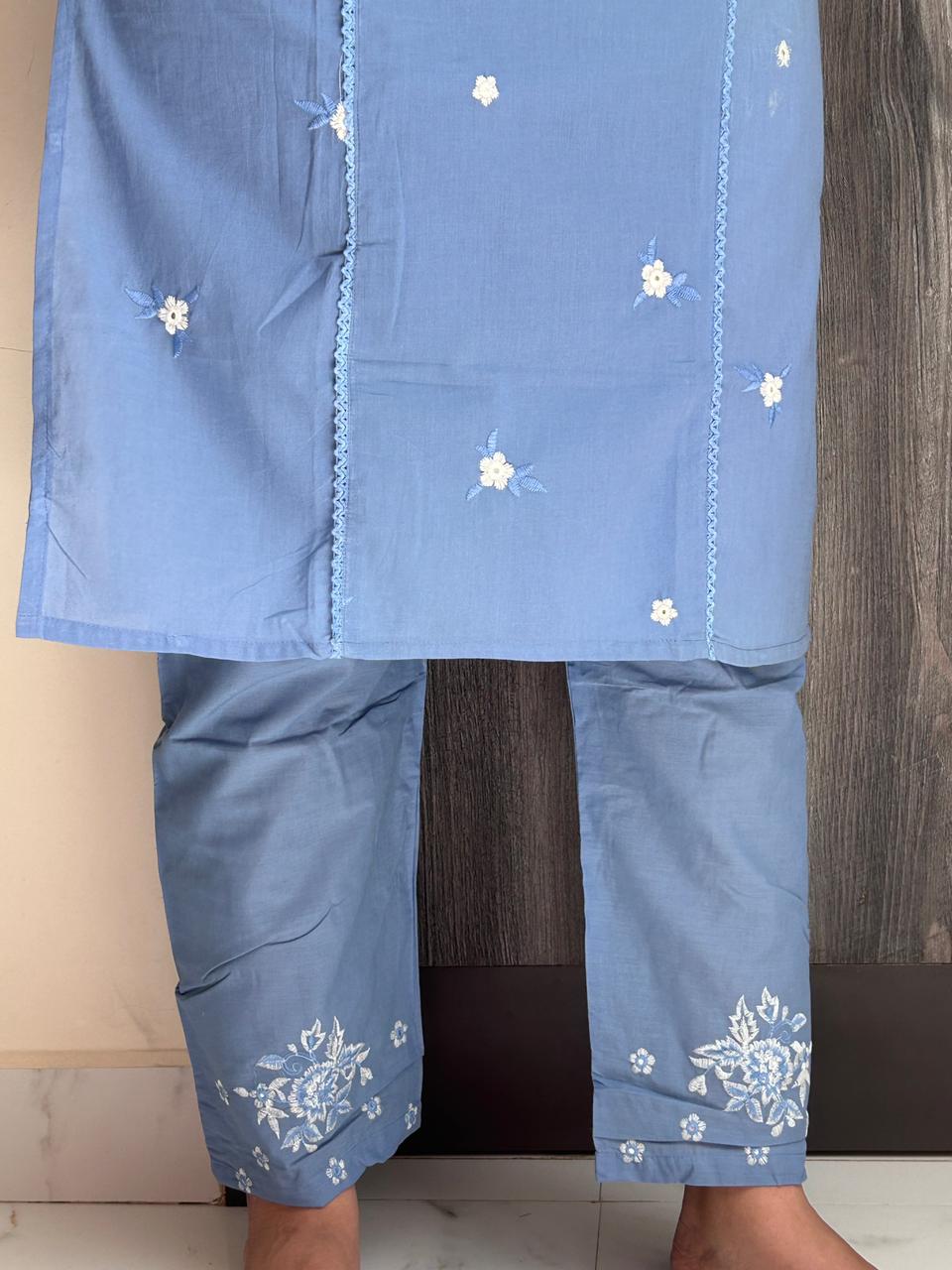 Pastel Blue V-Neck Floral Threadwork Kurta Set with Lace Detailing
