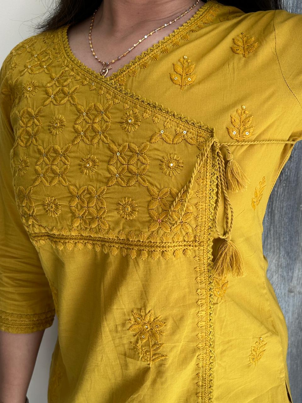 Mustard Yellow Tonal-Embroidered Angrakha Suit Set