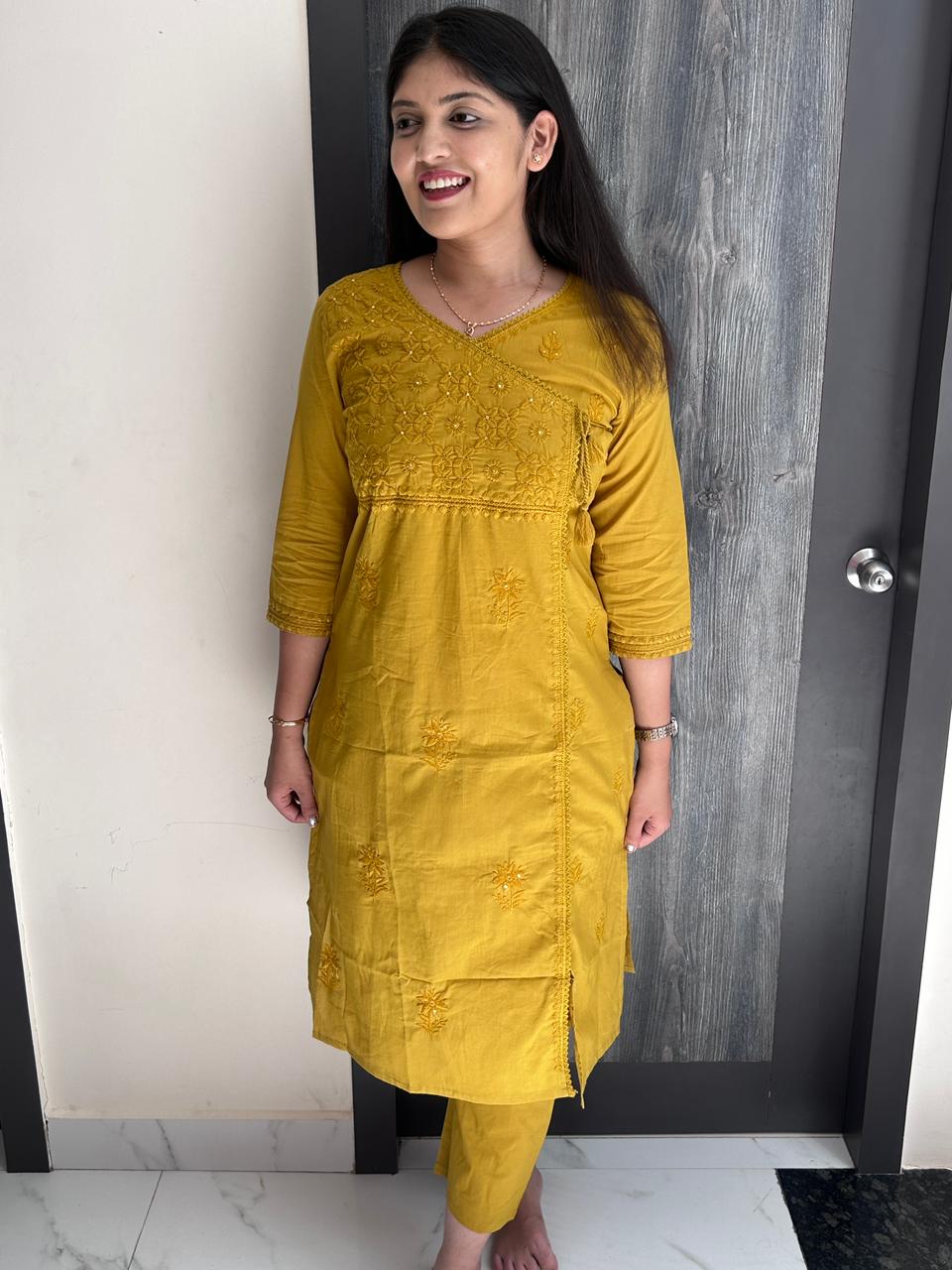 Mustard Yellow Tonal-Embroidered Angrakha Suit Set