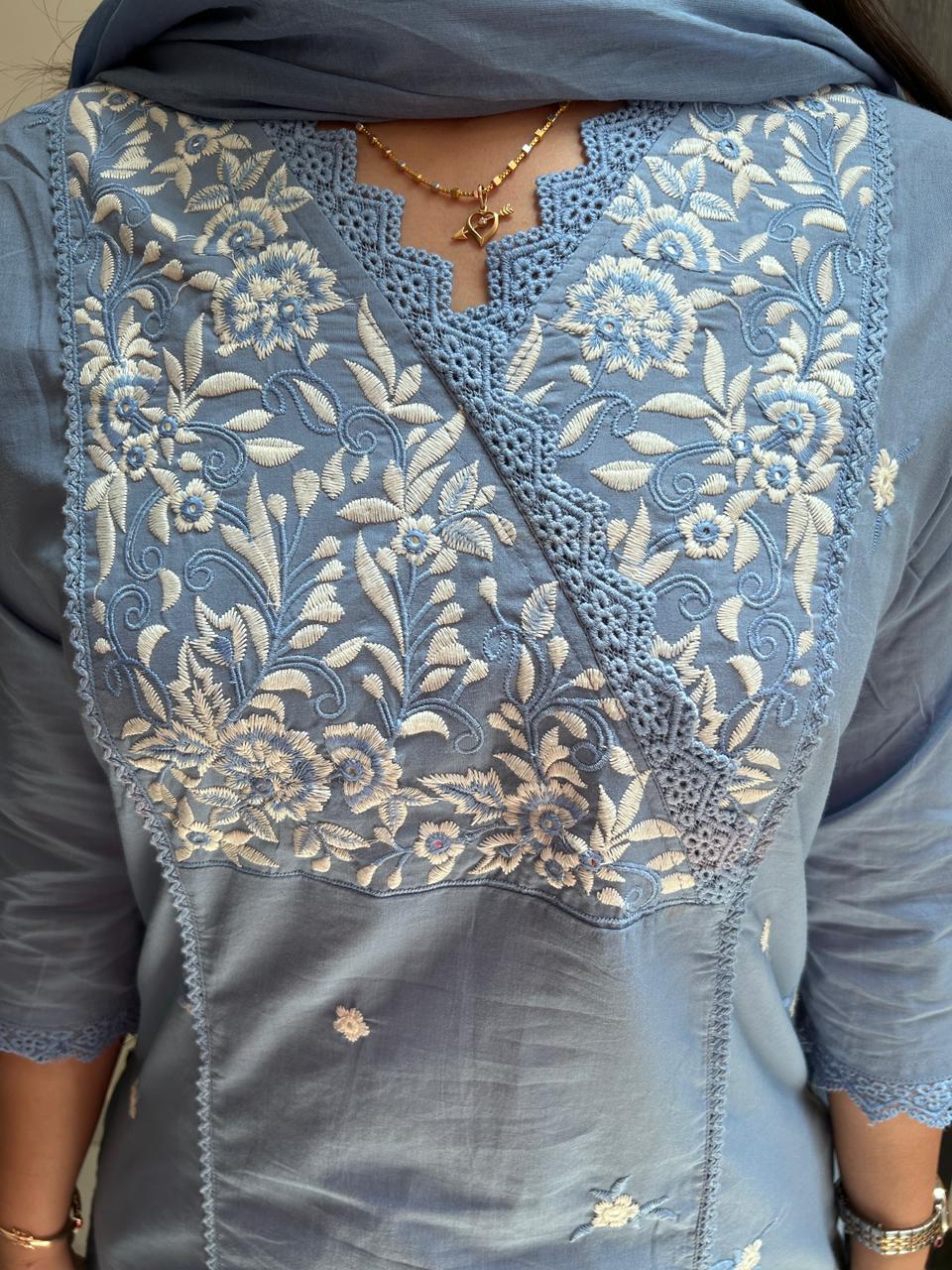 Pastel Blue V-Neck Floral Threadwork Kurta Set with Lace Detailing
