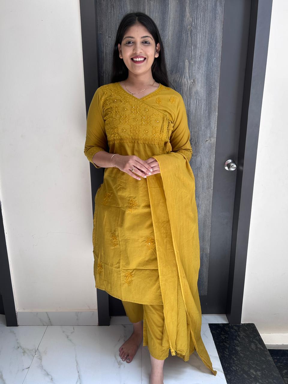 Mustard Yellow Tonal-Embroidered Angrakha Suit Set