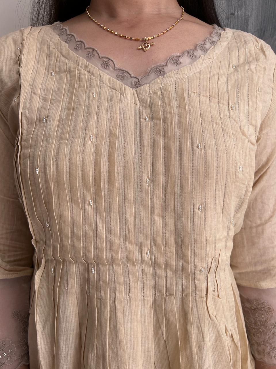 Elegant Beige Pleated Kurta set