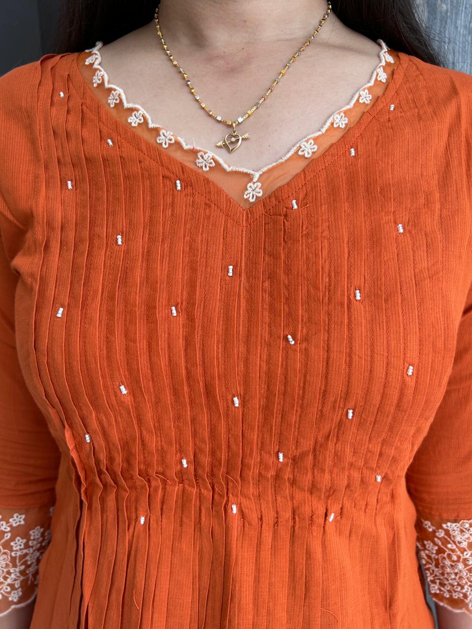 Rust Orange Embroidered Kurta Pant Set