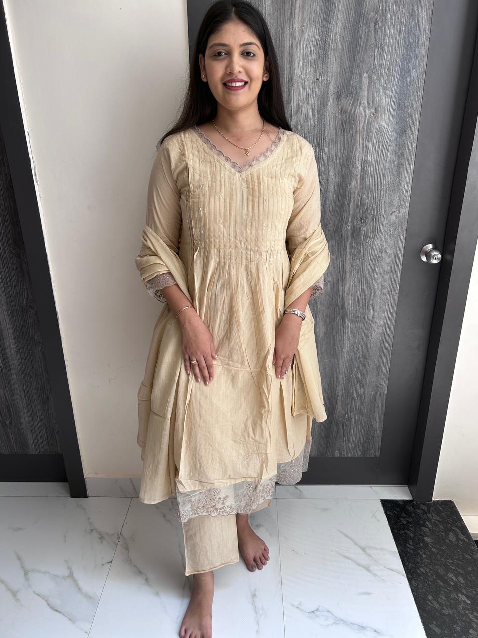 Elegant Beige Pleated Kurta set
