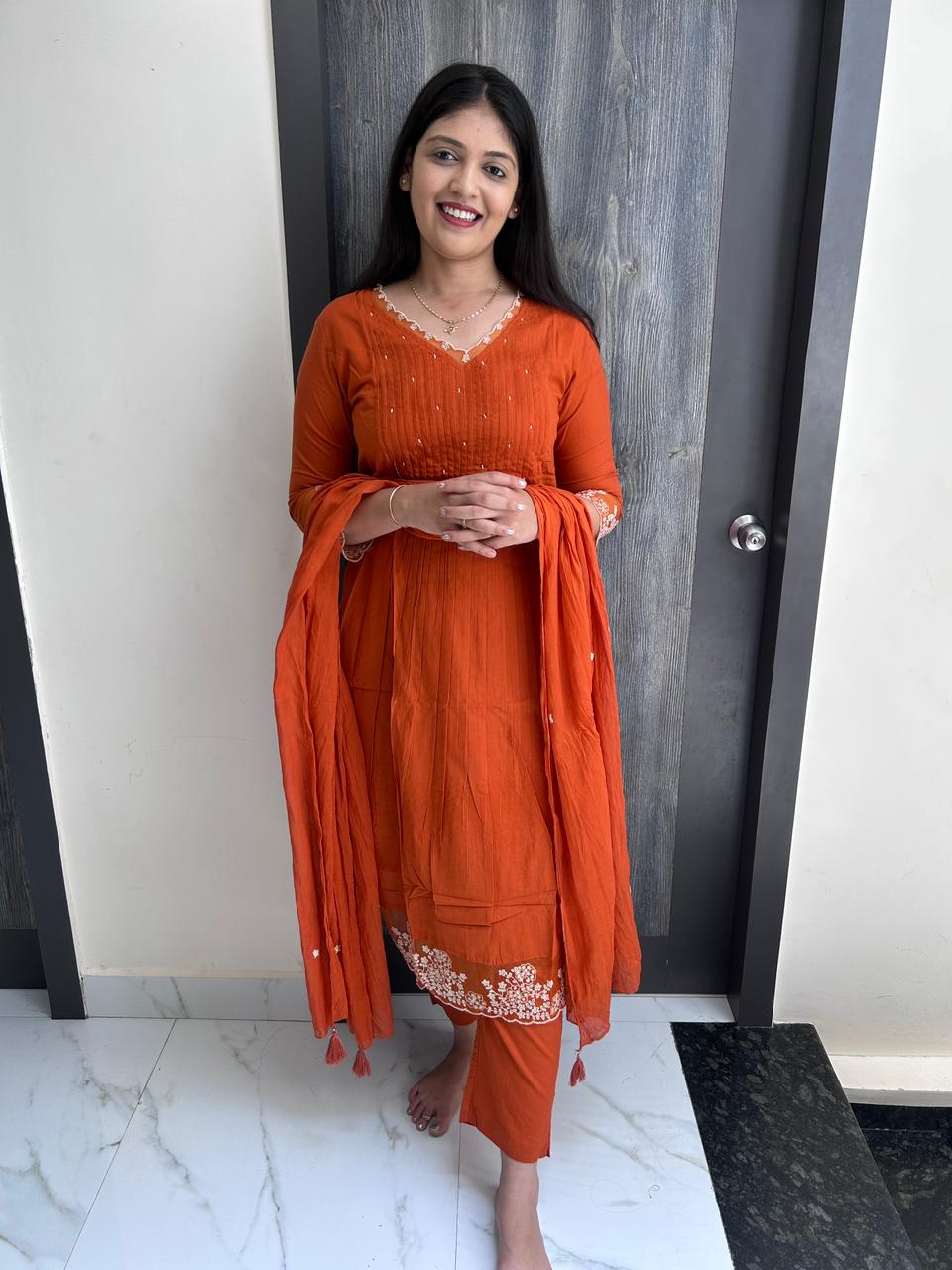 Rust Orange Embroidered Kurta Pant Set