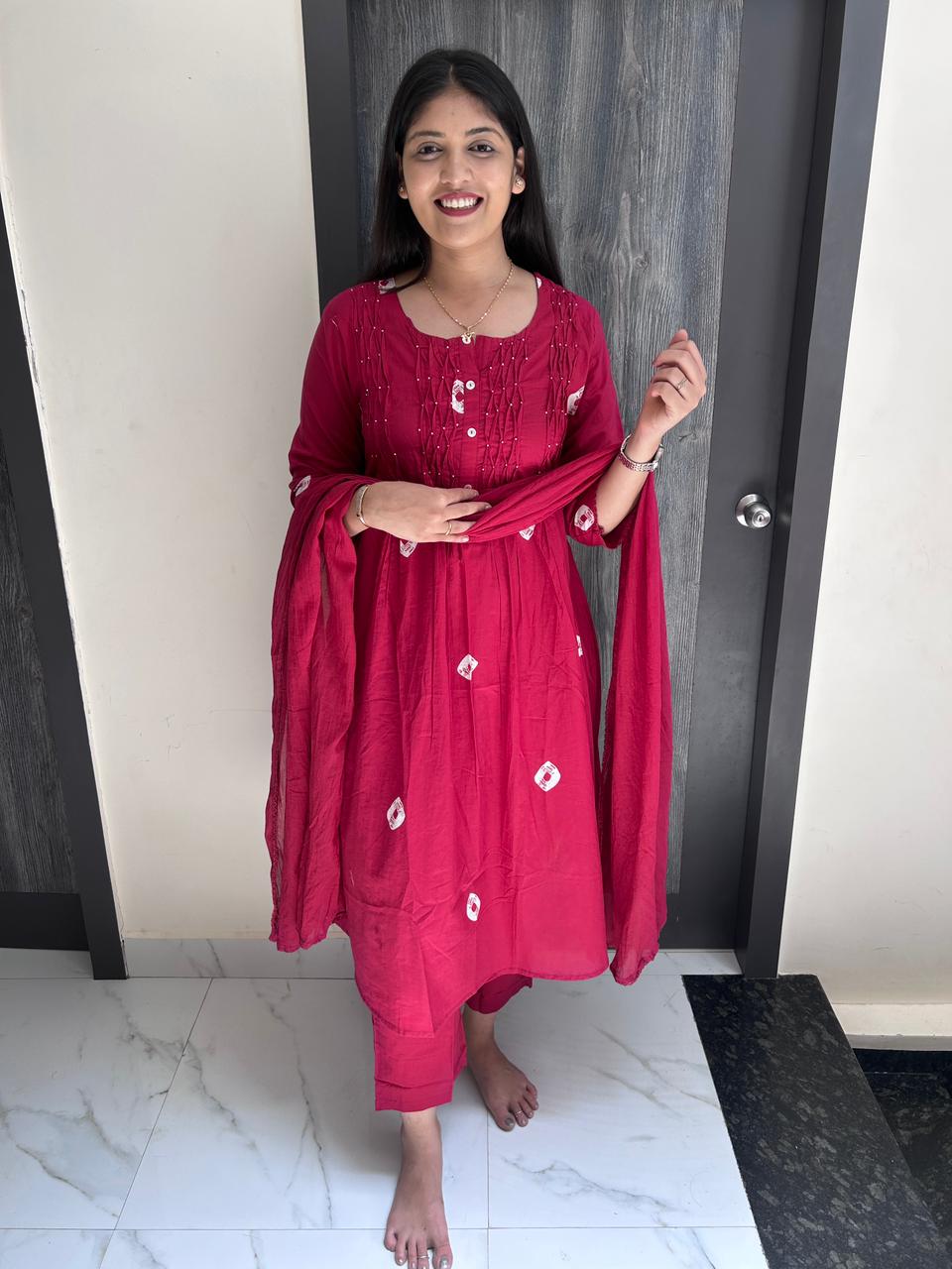 Rani Pink Bandhani Print Cotton Anarkali Suit Set