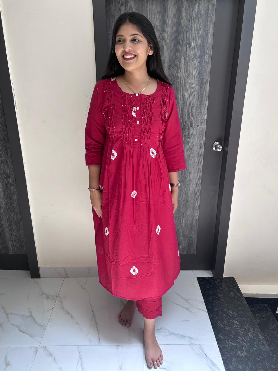 Rani Pink Bandhani Print Cotton Anarkali Suit Set