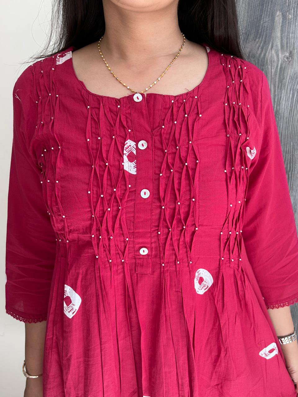 Rani Pink Bandhani Print Cotton Anarkali Suit Set