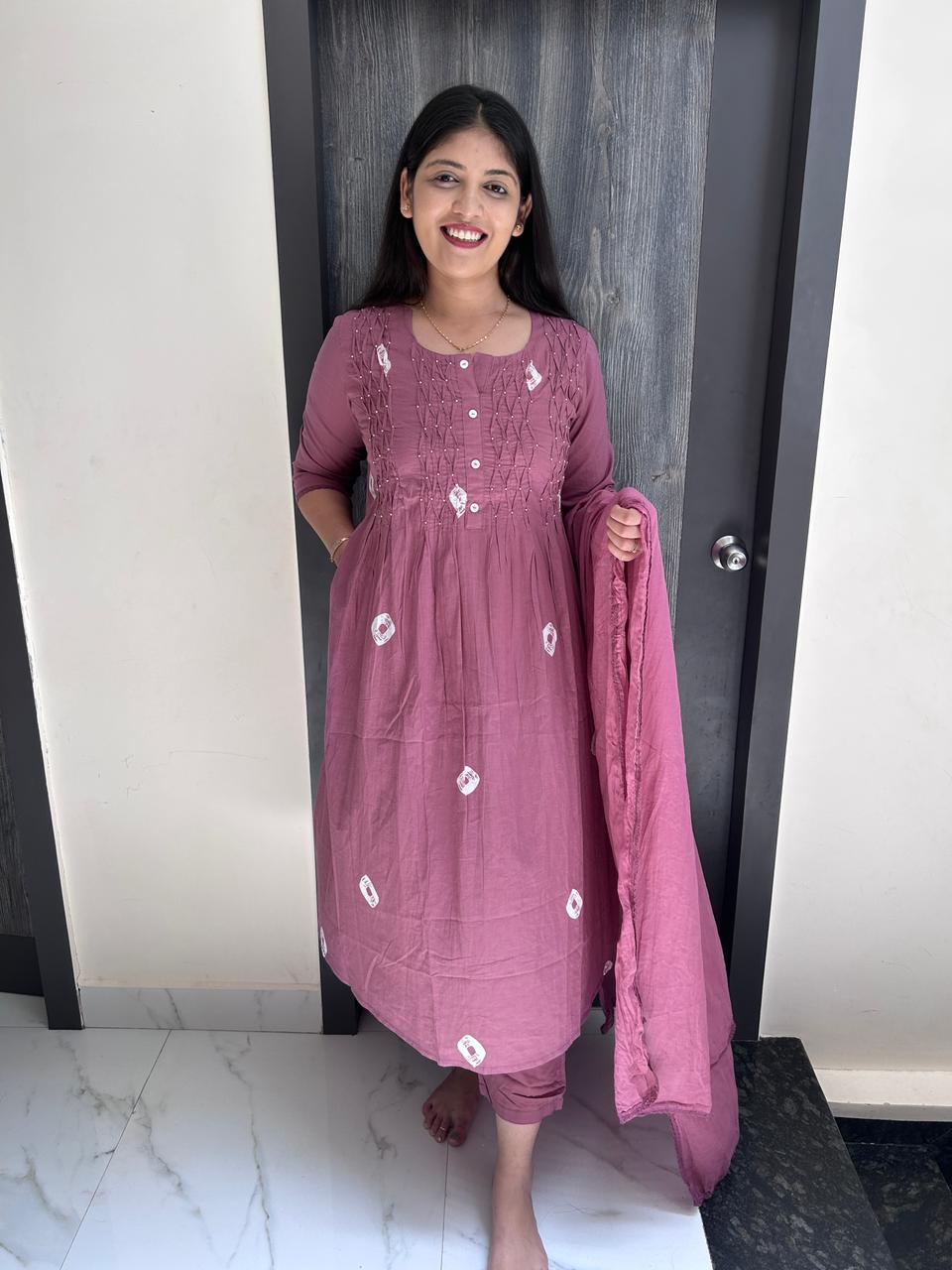 Dusty Mauve Bandhani Print Cotton Anarkali Suit Set