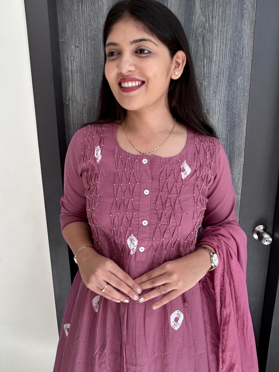 Dusty Mauve Bandhani Print Cotton Anarkali Suit Set