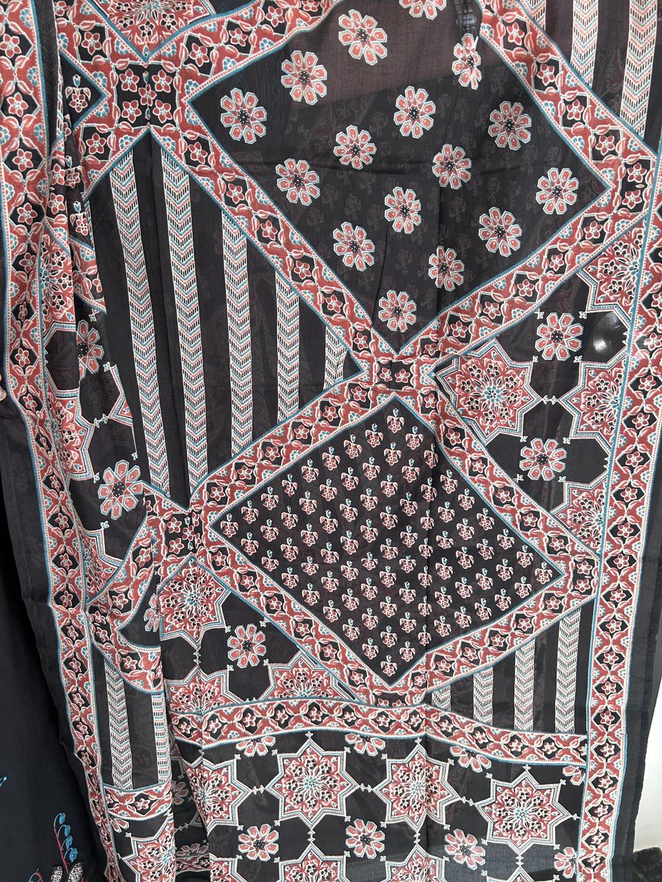 Jet Black Cotton Suit Set with Kantha-Style Floral Embroidery