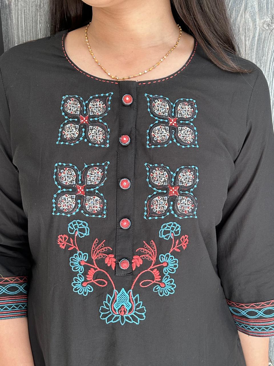 Jet Black Cotton Suit Set with Kantha-Style Floral Embroidery