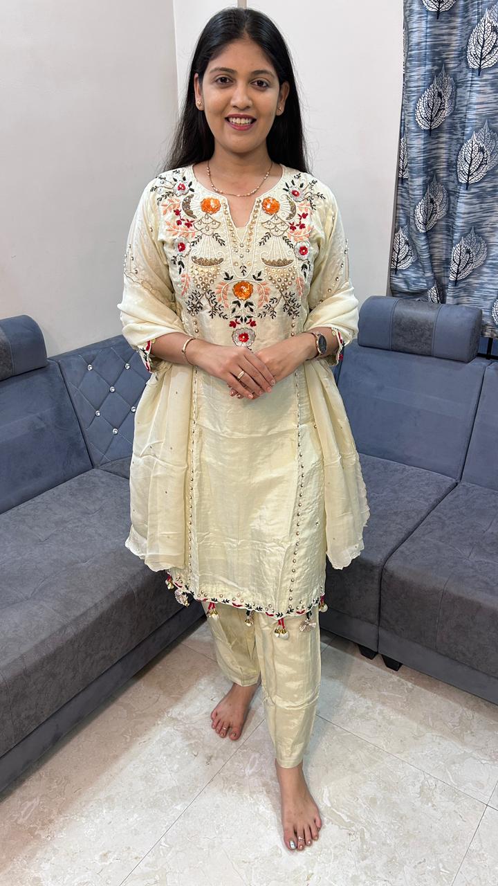 Cream Hand-Embroidered Chanderi Silk Straight Suit Set