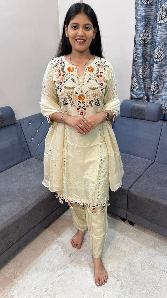 Cream Hand-Embroidered Chanderi Silk Straight Suit Set
