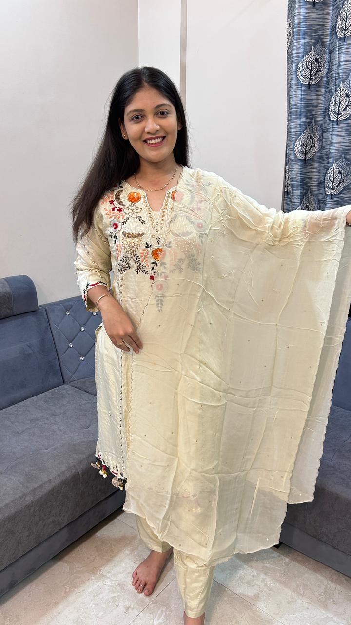 Cream Hand-Embroidered Chanderi Silk Straight Suit Set