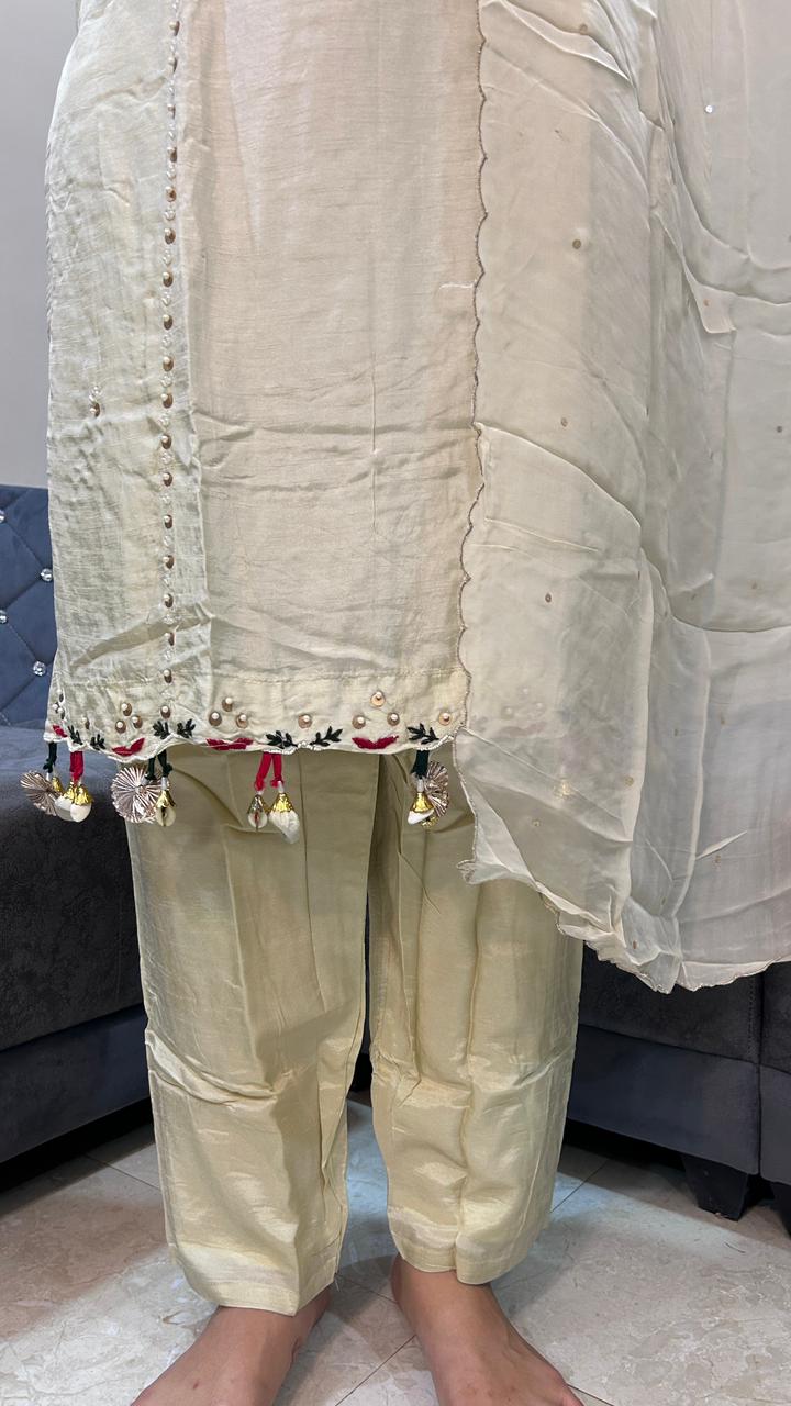 Cream Hand-Embroidered Chanderi Silk Straight Suit Set