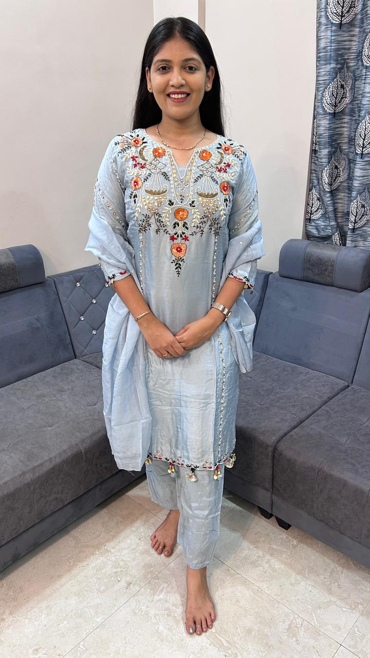 Ice Blue Hand-Embroidered Chanderi Silk Straight Suit Set