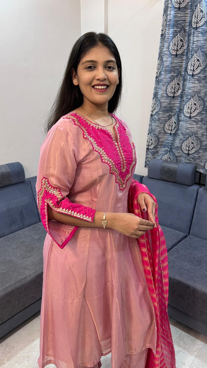 Rose Pink Metallic Silk Kurta Set with Hot Pink Embroidered Yoke