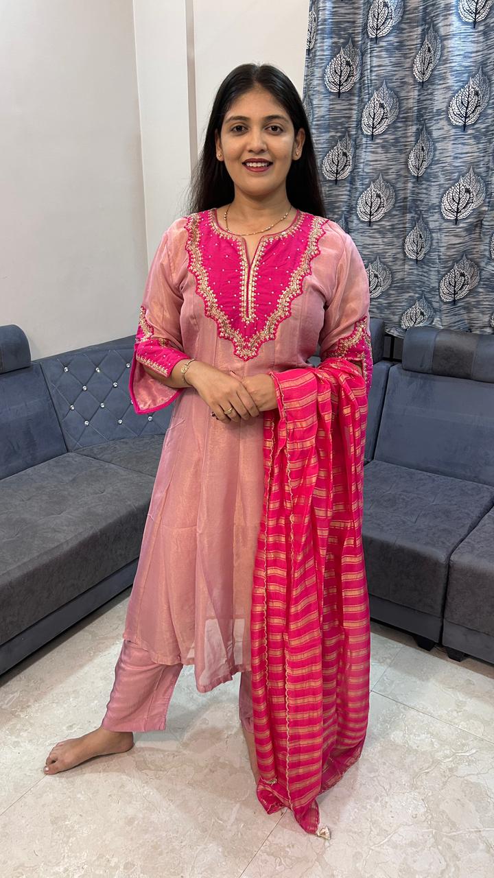 Rose Pink Metallic Silk Kurta Set with Hot Pink Embroidered Yoke