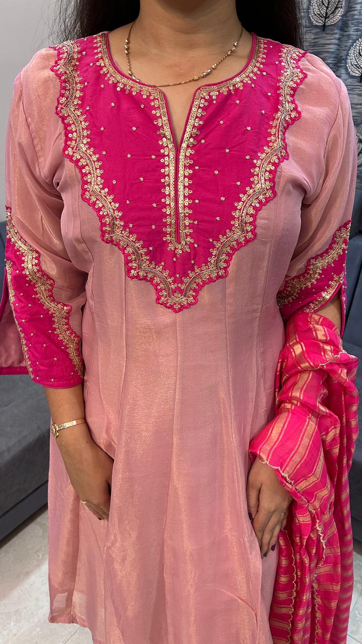 Rose Pink Metallic Silk Kurta Set with Hot Pink Embroidered Yoke