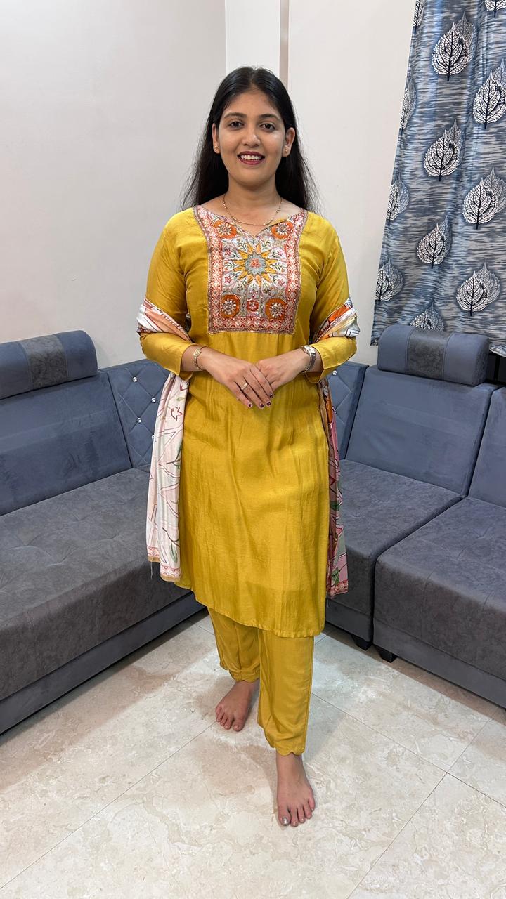 Royal Mustard Silk Kurta Set with Multi-Color Embroidered Yoke