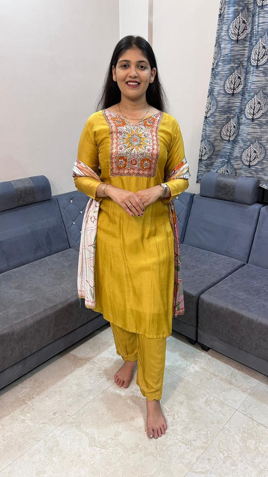 Royal Mustard Silk Kurta Set with Multi-Color Embroidered Yoke
