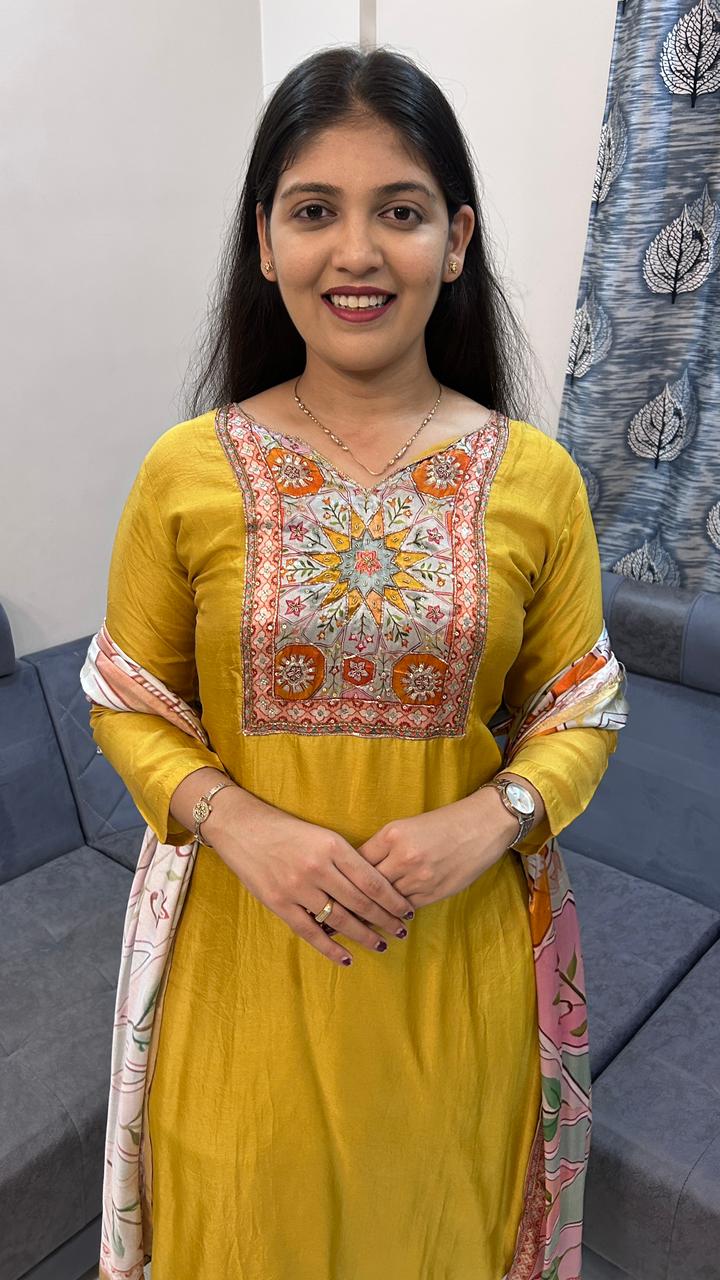 Royal Mustard Silk Kurta Set with Multi-Color Embroidered Yoke