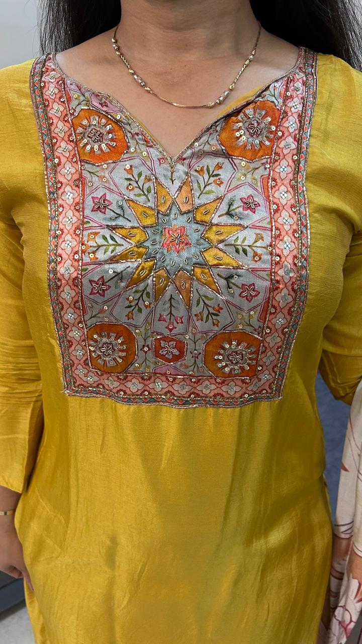 Royal Mustard Silk Kurta Set with Multi-Color Embroidered Yoke
