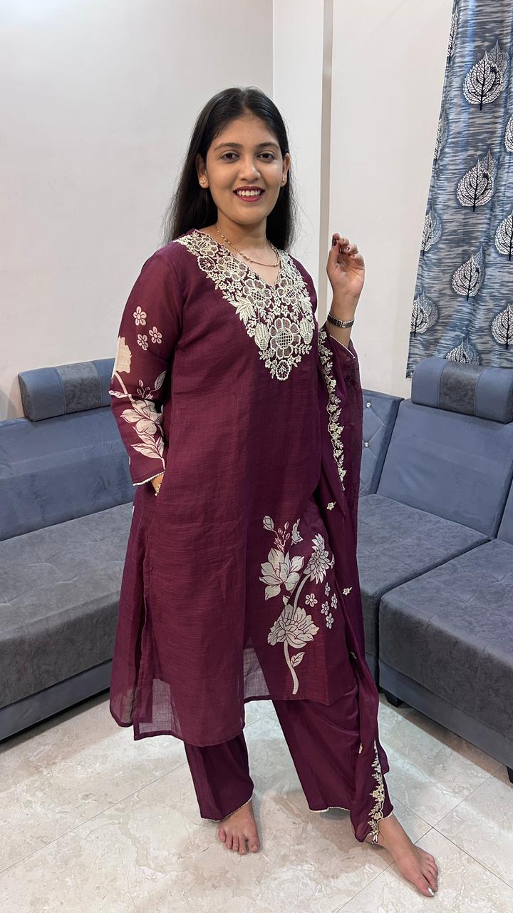 Deep Wine Chanderi Silk Kurta Set with Kashmiri Floral Embroidery