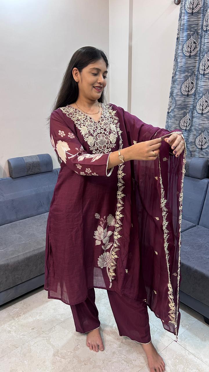 Deep Wine Chanderi Silk Kurta Set with Kashmiri Floral Embroidery