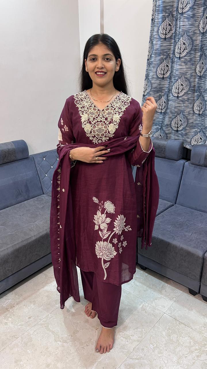 Deep Wine Chanderi Silk Kurta Set with Kashmiri Floral Embroidery