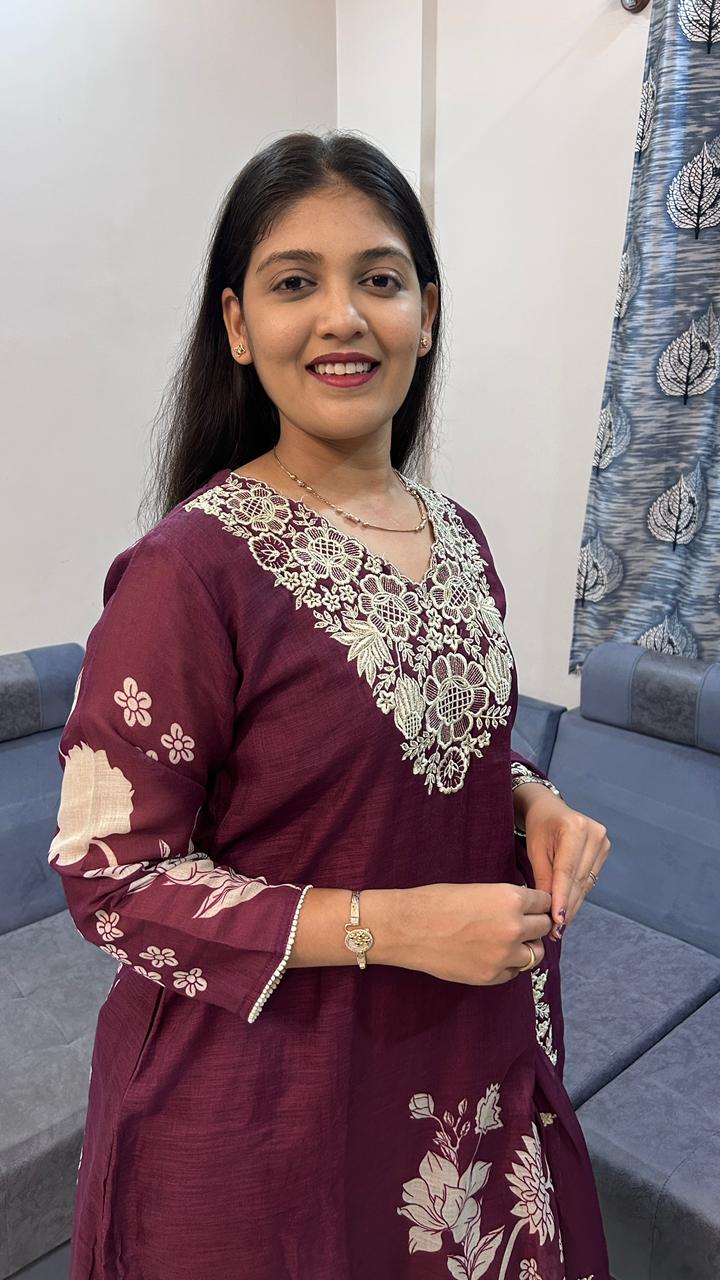 Deep Wine Chanderi Silk Kurta Set with Kashmiri Floral Embroidery