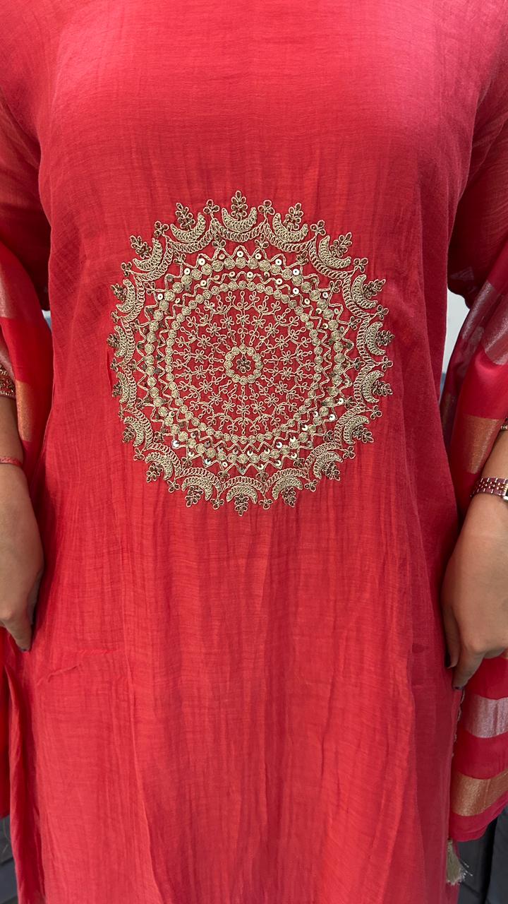 Coral Red Silk Kurta Set with Central Gold Mandala Motif