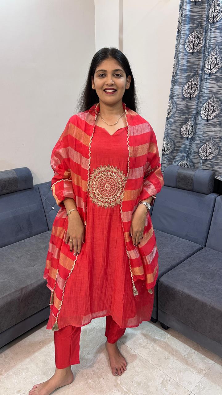 Coral Red Silk Kurta Set with Central Gold Mandala Motif