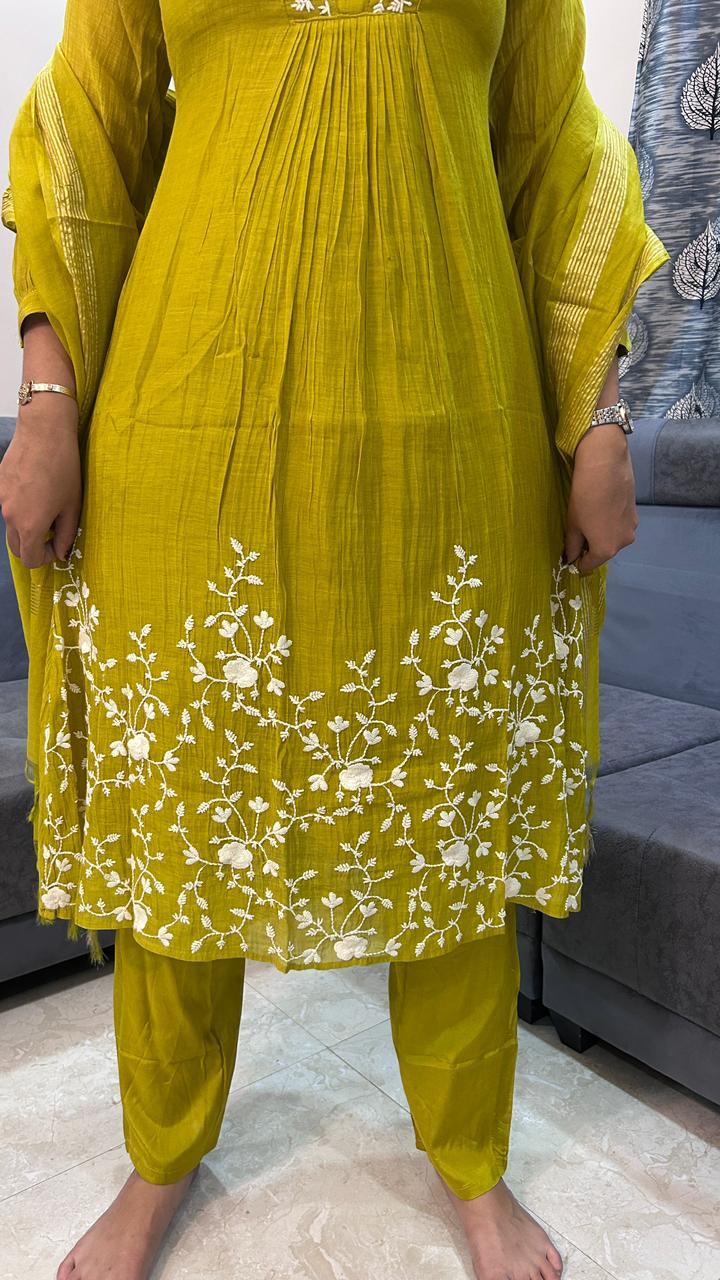 Lime Olive Georgette Pleated Kurta Set with White Vine Embroidery