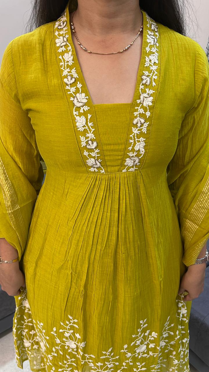 Lime Olive Georgette Pleated Kurta Set with White Vine Embroidery