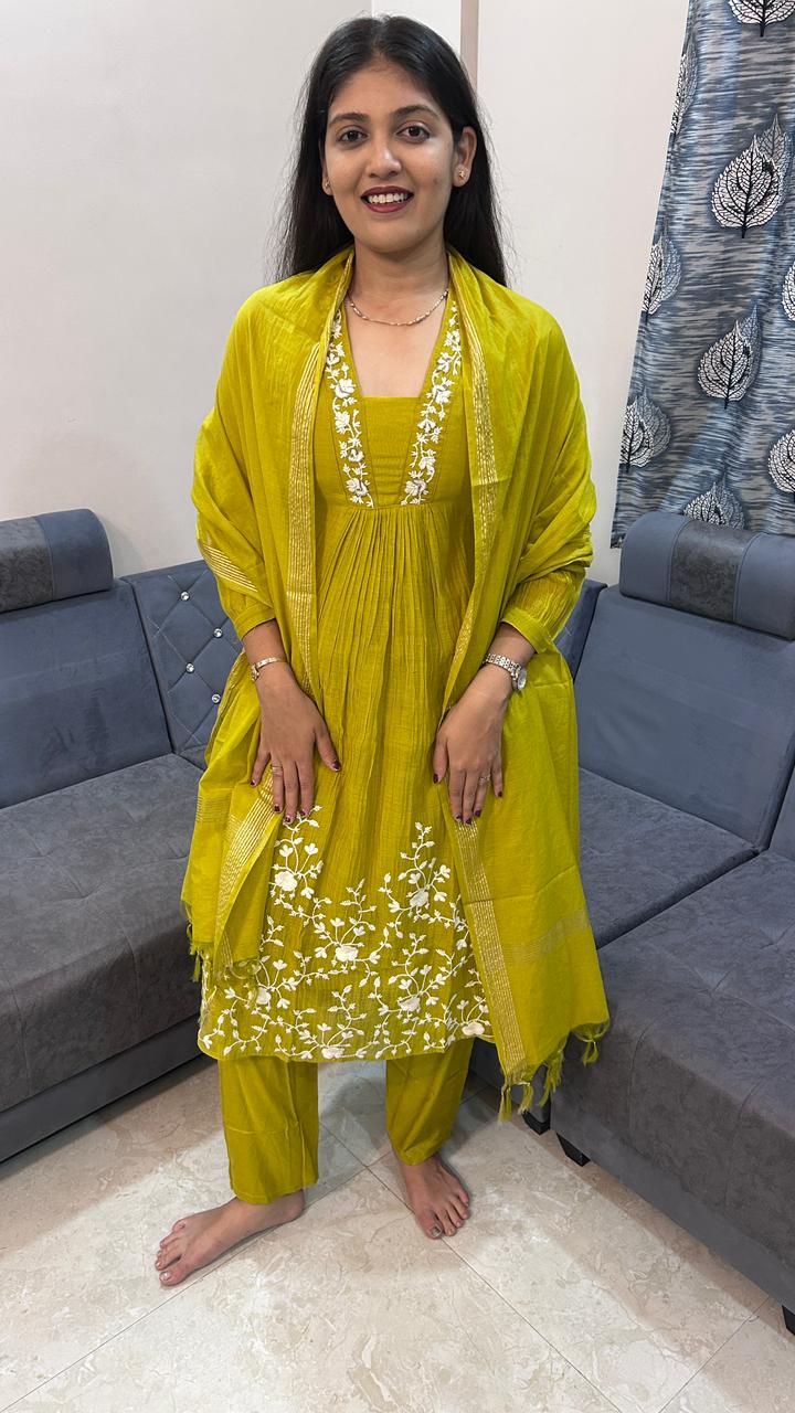 Lime Olive Georgette Pleated Kurta Set with White Vine Embroidery