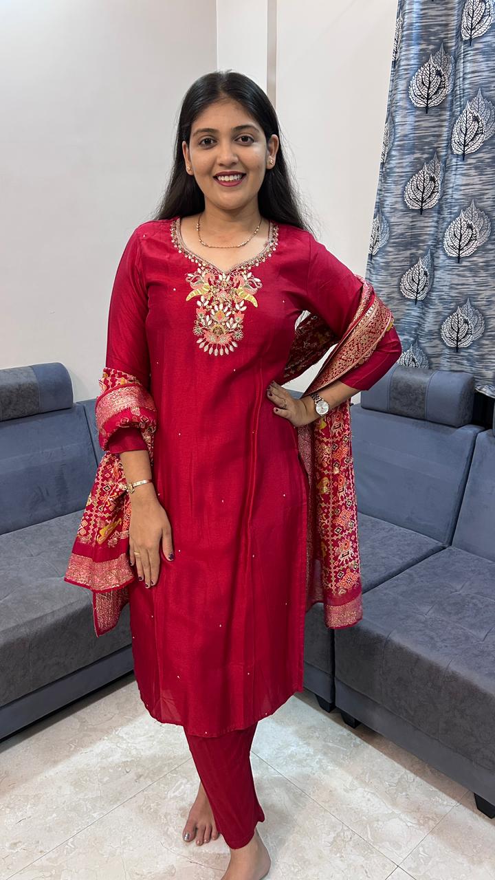 Crimson Red Raw Silk Kurta with Banarasi Bandhani Dupatta