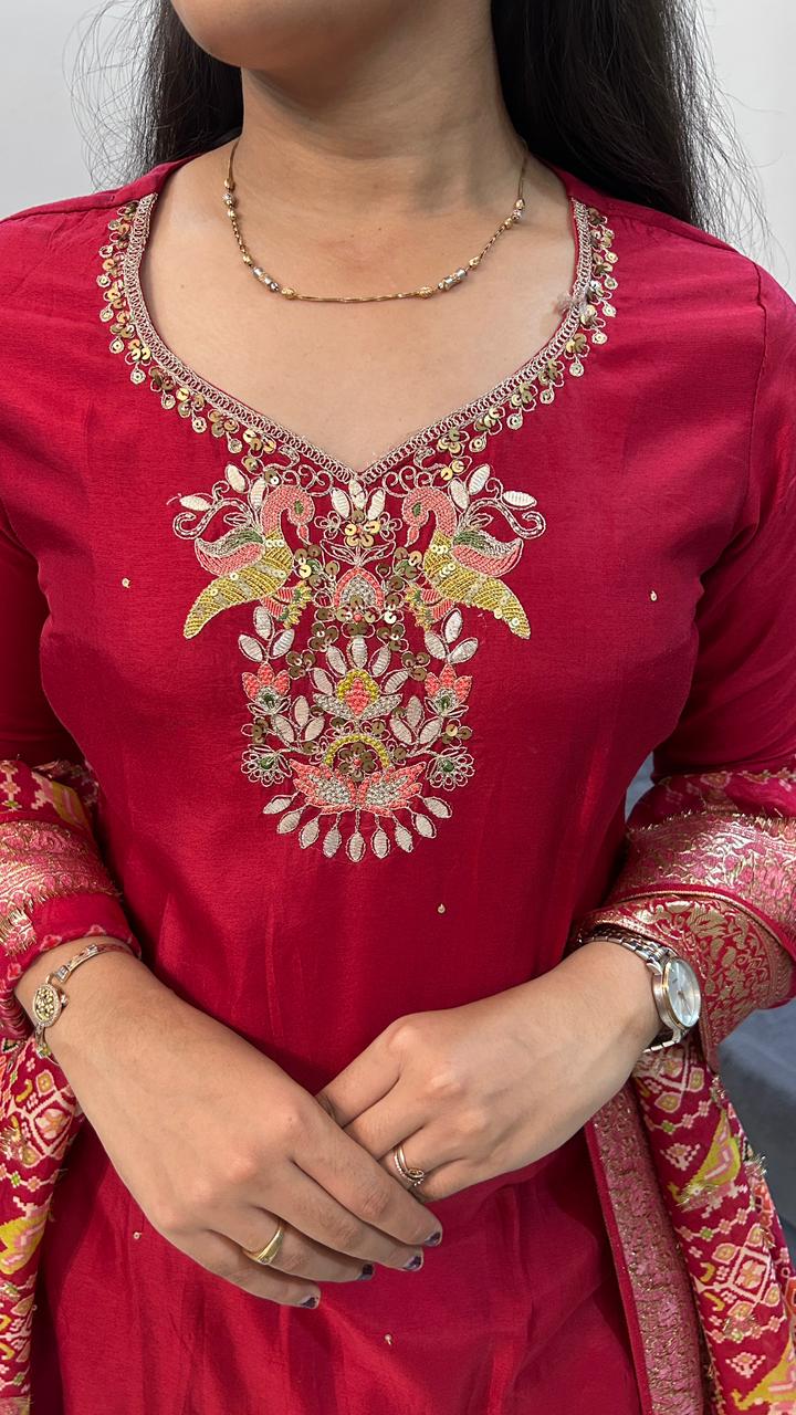 Crimson Red Raw Silk Kurta with Banarasi Bandhani Dupatta