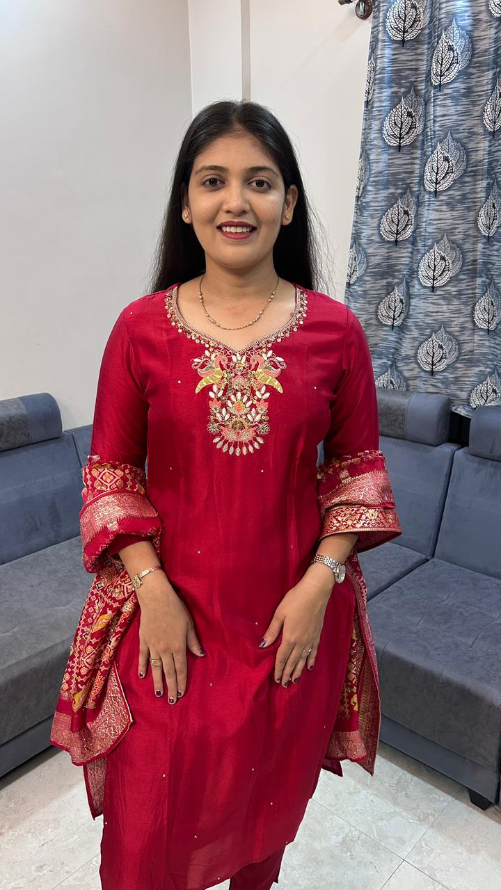 Crimson Red Raw Silk Kurta with Banarasi Bandhani Dupatta