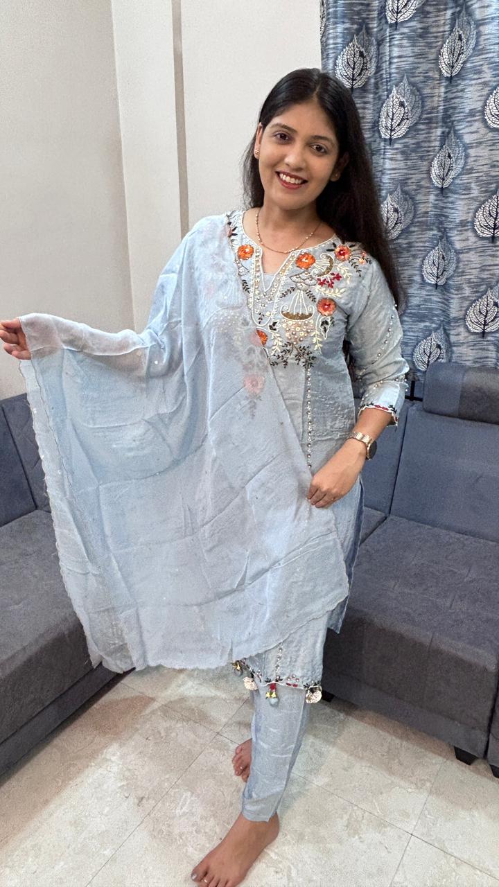 Ice Blue Hand-Embroidered Chanderi Silk Straight Suit Set