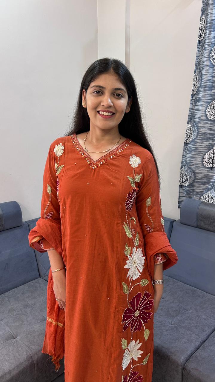 Burnt Rust A-Line Kurta Set with Gota Embroidery
