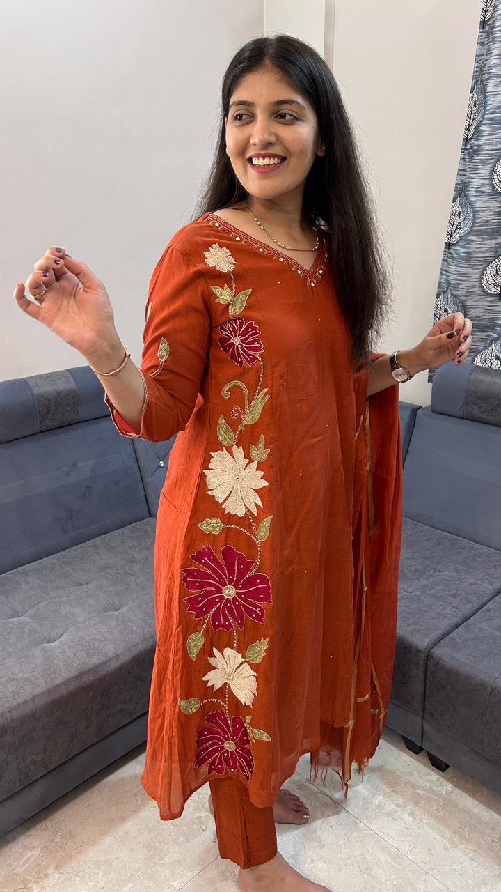 Burnt Rust A-Line Kurta Set with Gota Embroidery