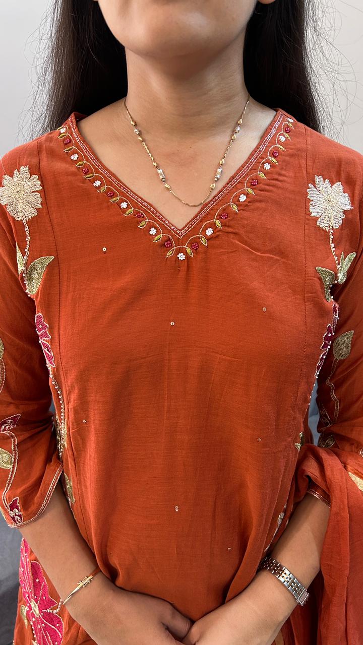Burnt Rust A-Line Kurta Set with Gota Embroidery